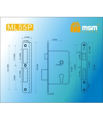 Замок врезной MSM ML55P Полированная латунь (PB)
