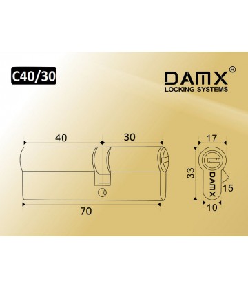 Цилиндровый механизм DAMX Простой ключ-ключ N40/30 мм Полированная латунь (PB)