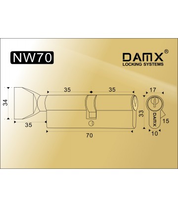 Цилиндровый механизм DAMX Простой ключ-вертушка NW70 мм Полированная латунь (PB)